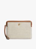 Brown Logo Leather Trim Canvas Pouch  Women