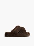 Brown Faux Fur Crossover Strap Slippers  Women