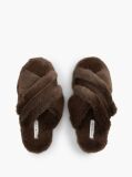 Brown Faux Fur Crossover Strap Slippers  Women