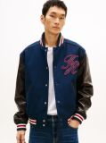 Blue Contrast Sleeve Leather Varsity Jacket  Men