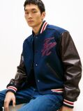 Blue Contrast Sleeve Leather Varsity Jacket  Men