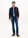 Blue Contrast Sleeve Leather Varsity Jacket  Men