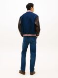 Blue Contrast Sleeve Leather Varsity Jacket  Men