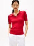 Red Ribbed Short Sleeve Polo Jumper  Women