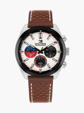 White Brown Perforated Leather Contrast Bezel Watch  Men