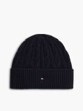 Blue Lambswool Blend Cable Knit Flag Beanie  Men