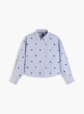 Blue Festive Heart Embroidery Cropped Oxford Shirt  Women