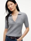 Grey Cable Knit Short Sleeve Polo Jumper  Women
