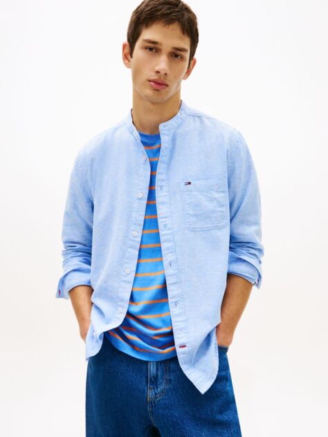 Blue Regular Fit Band Collar Linen Blend Shirt  Men