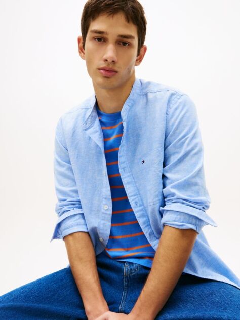 Blue Regular Fit Band Collar Linen Blend Shirt  Men