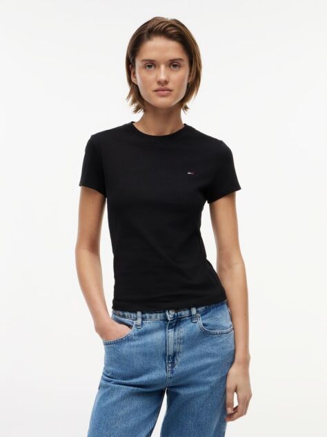 Black Crew Neck Flag Embroidered T-Shirt  Women