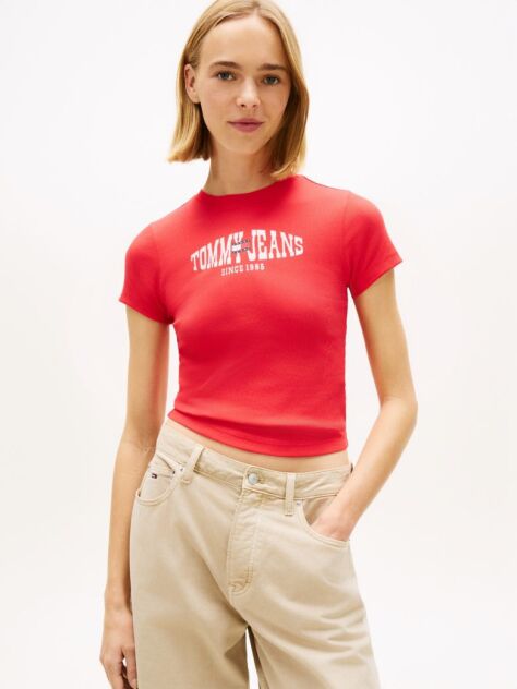 Κόκκινο T-Shirt Ribbed Σε Στενή Γραμμή Με Σημαία  Γυναίκες