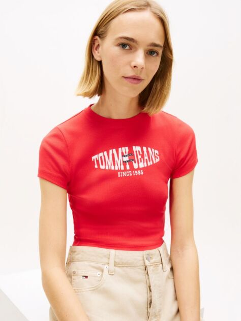 Κόκκινο T-Shirt Ribbed Σε Στενή Γραμμή Με Σημαία  Γυναίκες