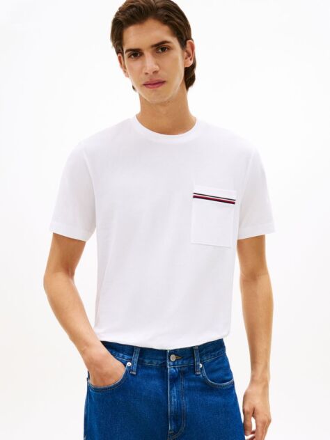 Άσπρο Βαμβακερό T-Shirt Πικέ Με Τσέπη  Άνδρες