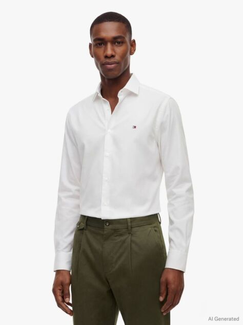 White Slim Fit Flag Embroidery Shirt  Men