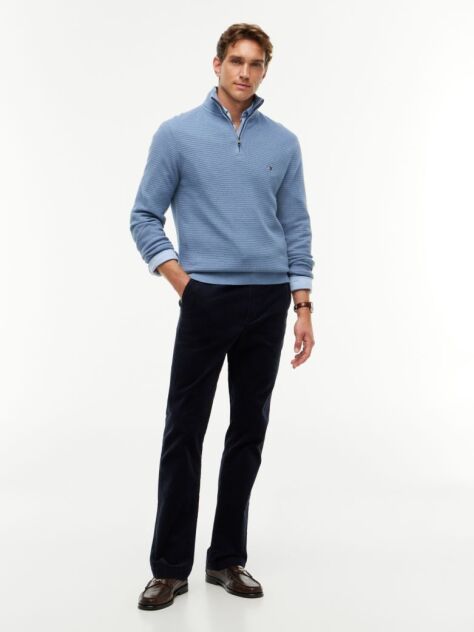 Blue Textured Quarter-Zip Mock Neck Jumper With Cashmere  Men