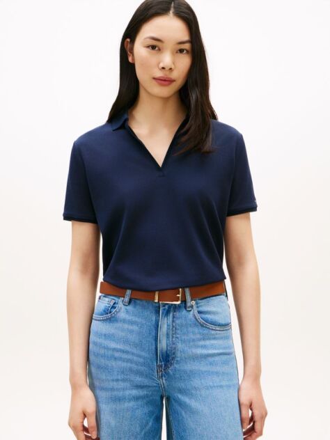 Blue Relaxed Fit Open Placket Pique Polo Shirt  Women