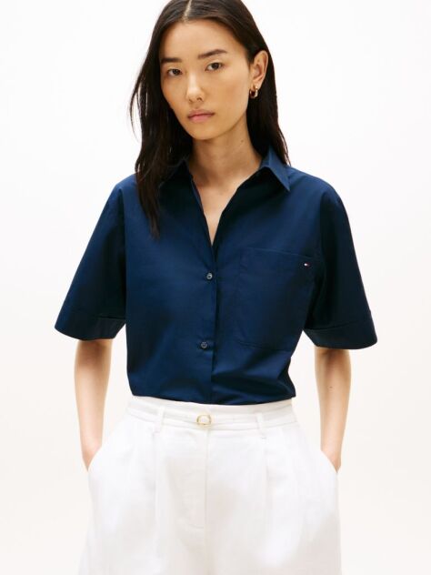 Blue Poplin Short Sleeve Shirt  Women