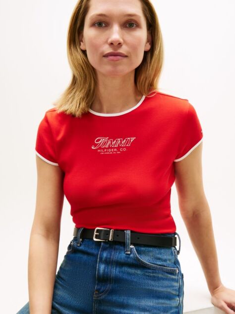 Red Logo Graphic Slim Ringer T-Shirt  Women