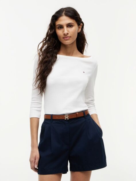 Beige Slim Boat Neck Three-Quarter Sleeve T-Shirt  Women