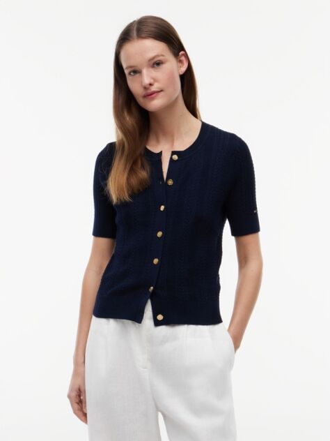 Blue Pointelle Gold-Tone Button Short Sleeve Cardigan  Women