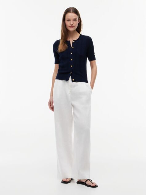 Blue Pointelle Gold-Tone Button Short Sleeve Cardigan  Women