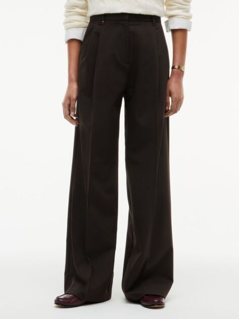 Brown Pleated Twill Wide Leg Trousers  Women