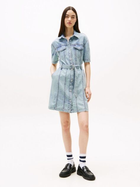 Denim Μίνι Denim Φόρεμα Με Ζώνη Και Ξεθωριασμένο Εφέ  Γυναίκες