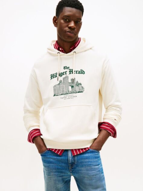 Μπεζ Άνετο Hoody Με Κεντητό Λογότυπο Και Κορδόνι  Άνδρες