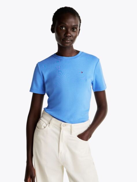 Μπλε Ριμπ T-Shirt Σε Slim Γραμμή Με Κεντητό Σημαιάκι  Γυναίκες