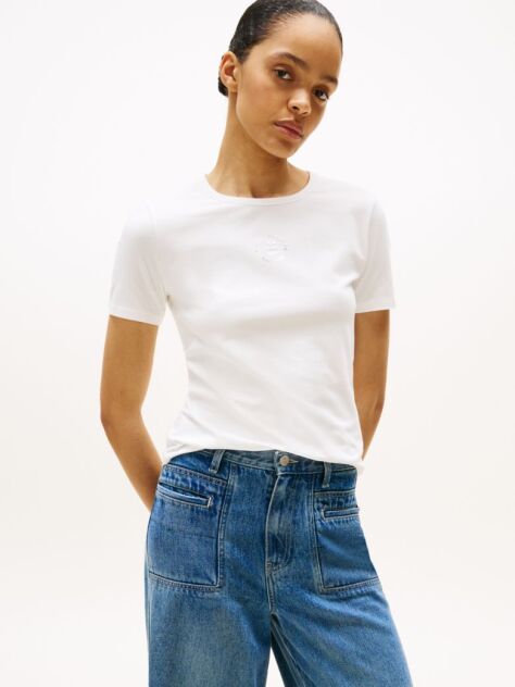 Άσπρο Κοντομάνικο T-Shirt Σε Slim Γραμμή Με Λογότυπο  Γυναίκες