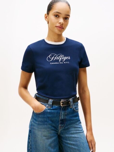 Μπλε T-Shirt Με Κλασική Λαιμόκοψη Και Κεντητό Λογότυπο  Γυναίκες