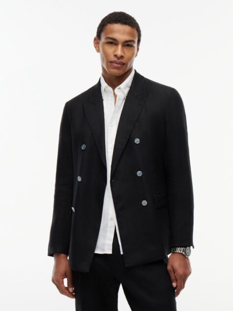 Μαύρο Smart Casual Λινό Blazer Σε Κανονική Γραμμή  Άνδρες