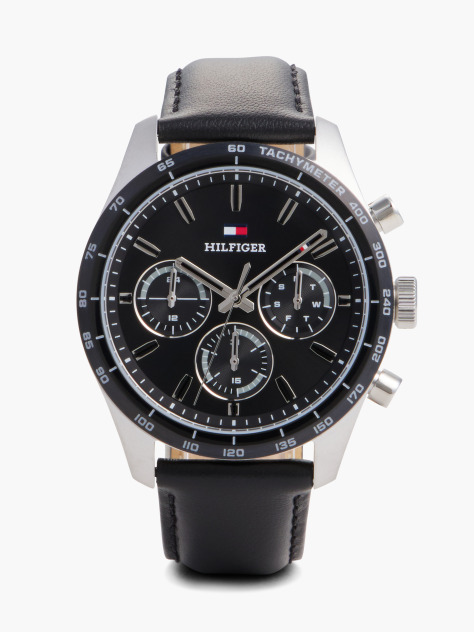 Black Black Leather Strap Chronograph Watch  Men