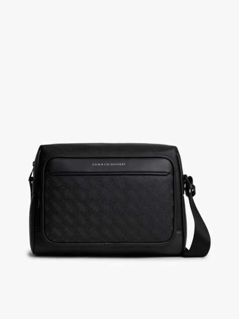 Black Modern Textured Flag Crossbody Messenger Bag  Men
