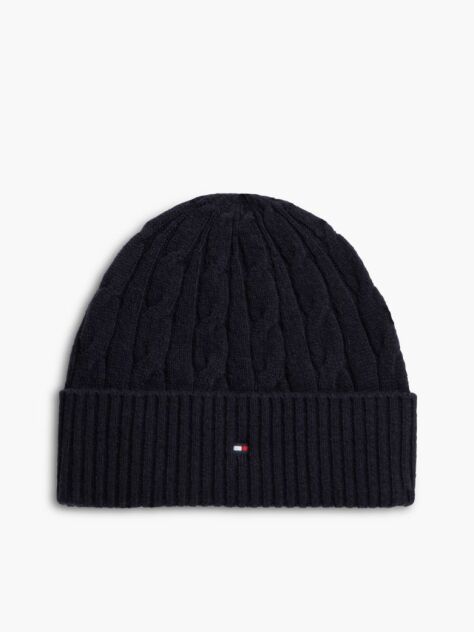 Blue Lambswool Blend Cable Knit Flag Beanie  Men