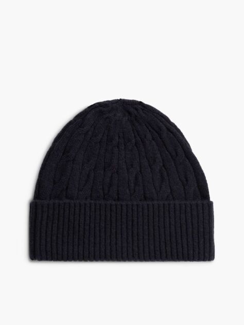Blue Lambswool Blend Cable Knit Flag Beanie  Men
