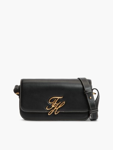 Black Leather Flap Logo Plaque Crossbody Bag  Women