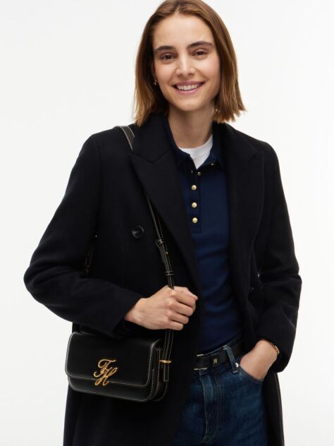 Black Leather Flap Logo Plaque Crossbody Bag  Women