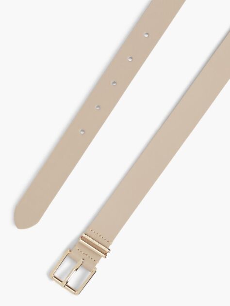 Beige Square Buckle Logo Keeper Leather Belt  Women