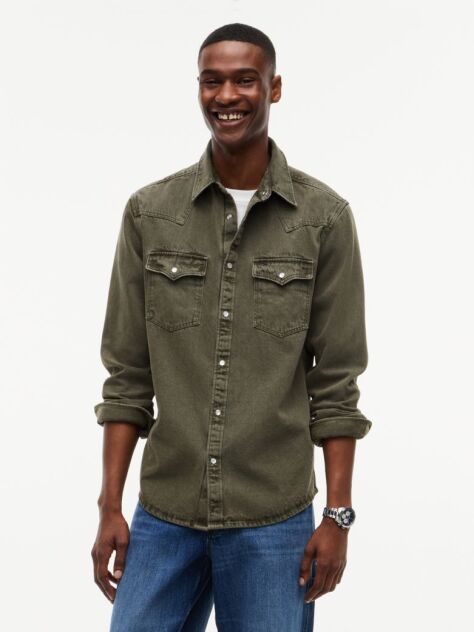 Green Regular Fit Washed Denim Western Shirt  Men