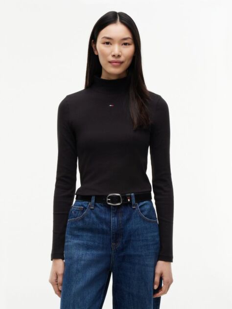 Black Slim Mock Neck Long Sleeve T-Shirt  Women