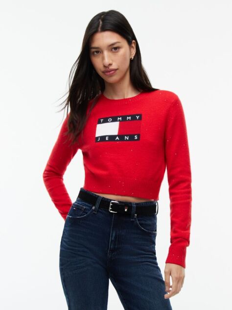 Red Tommy Flag Sequin Slim Jumper  Women