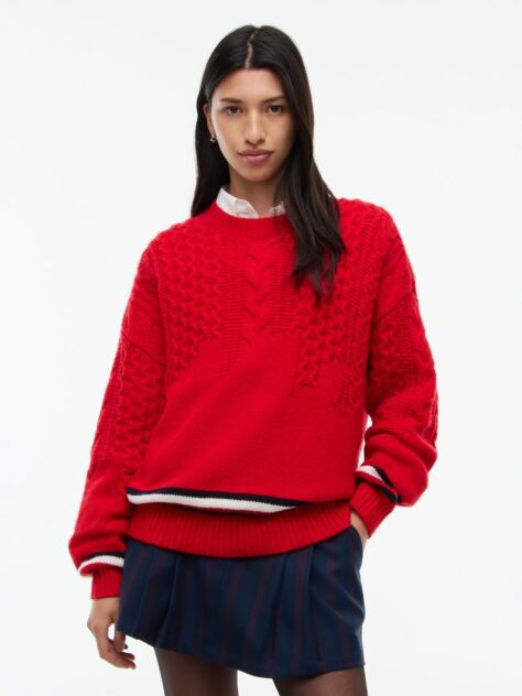 Red Pure Wool Cable Knit Oversized Jumper  Women