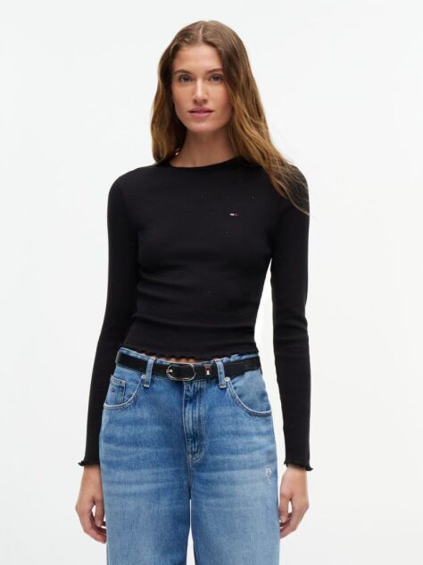 Black Slim Ribbed Long Sleeve T-Shirt  Women