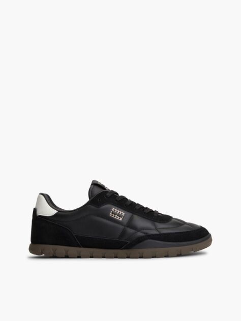 Black Leather Mixed Texture Low Profile Sneakers  Men