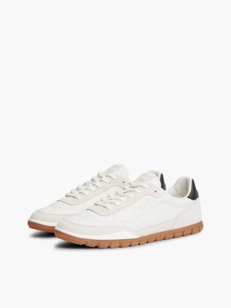 White Leather Mixed Texture Low Profile Sneakers  Men
