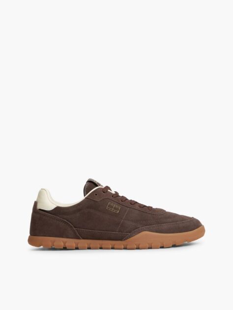Brown Suede Metallic Logo Low Profile Sneakers  Men