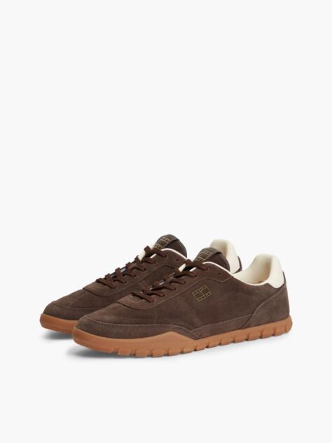 Brown Suede Metallic Logo Low Profile Sneakers  Men