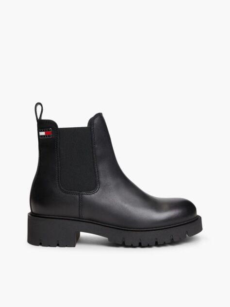 Black Leather Cleat Chelsea Boots  Women